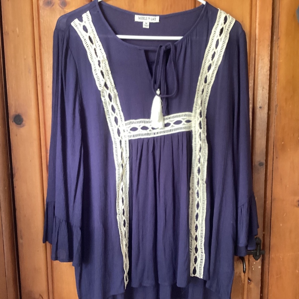 Pretty navy blouse tassels and lace never worn..